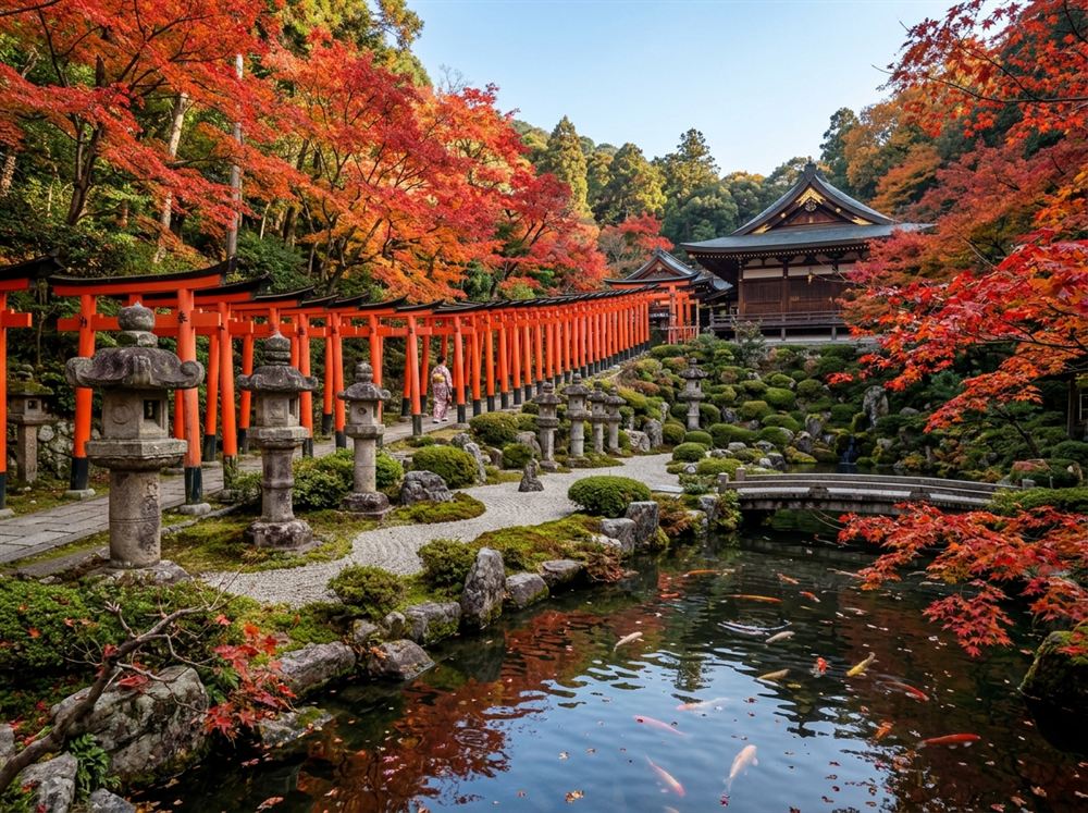 Historic Kyoto temple with Torii gates and zen koi garden