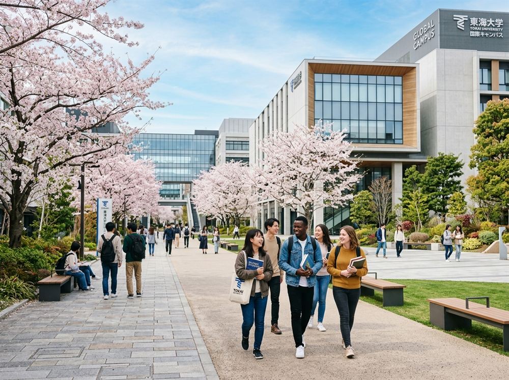 Modern Japanese university campus with international students