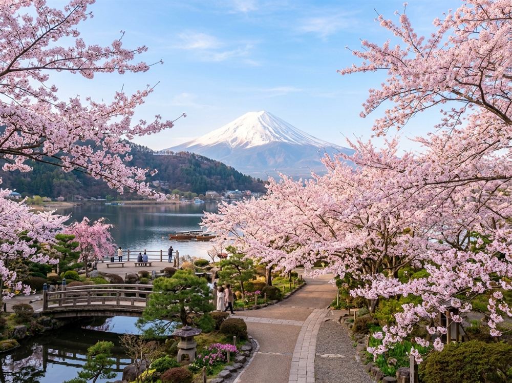 Cherry blossom sakura trees with Mount Fuji in Japan